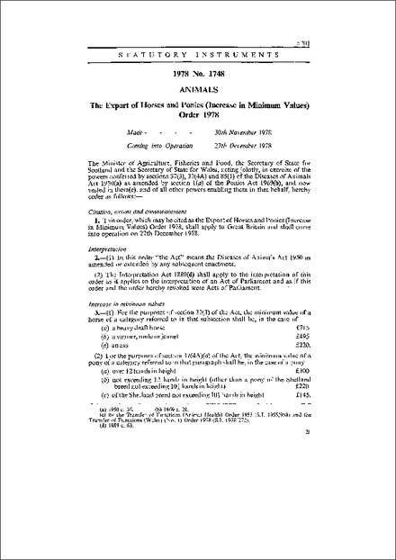 The Export of Horses and Ponies (Increase in Minimum Values) Order 1978
