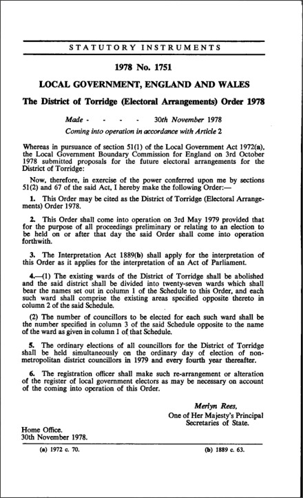 The District of. Torridge (Electoral Arrangements) Order 1978