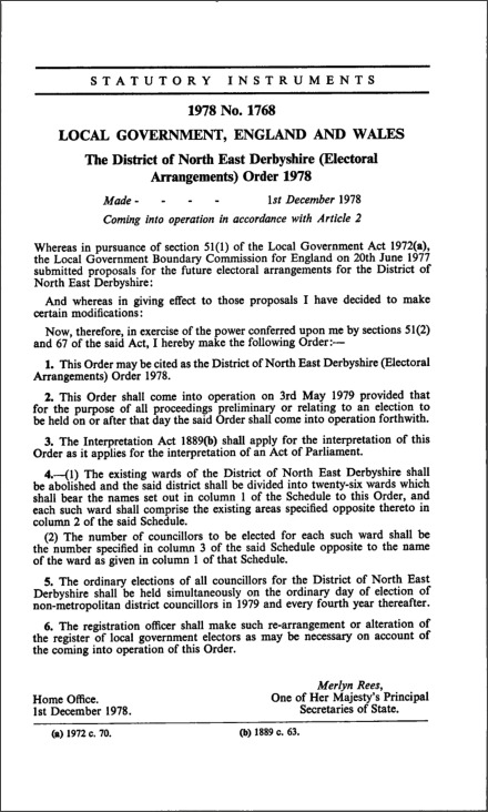 The District of North East Derbyshire (Electoral Arrangements) Order 1978