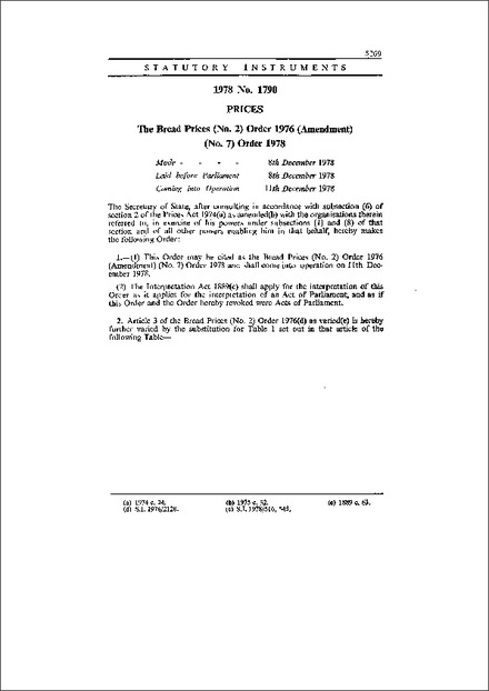 The Bread Prices (No. 2) Order 1976 (Amendment) (No. 7) Order 1978