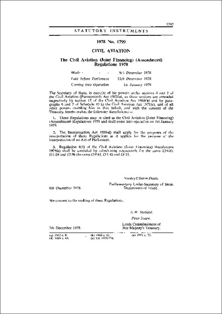 The Civil Aviation (Joint Financing) (Amendment) Regulations 1978