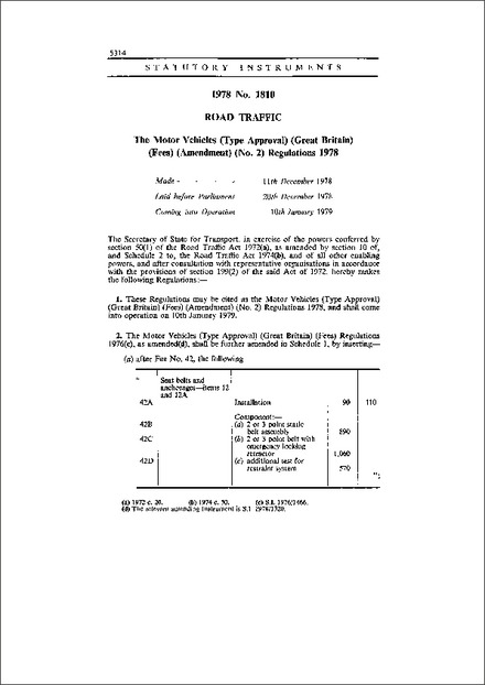 The Motor Vehicles (Type Approval) (Great Britain) (Fees) (Amendment) (No. 2) Regulations 1978