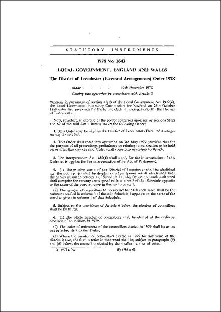 The District of Leominster (Electoral Arrangements) Order 1978