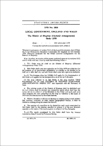 The District of Shepway (Electoral Arrangements) Order 1978