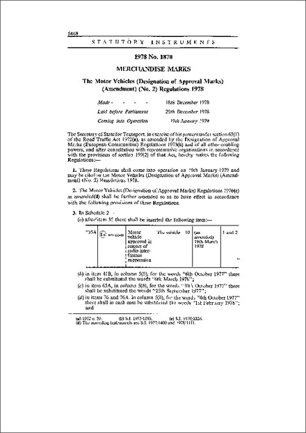 The Motor Vehicles (Designation of Approval Marks) (Amendment) (No. 2) Regulations 1978