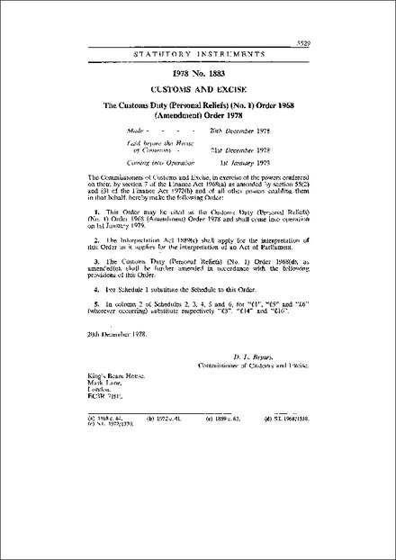 The Customs Duty (Personal Reliefs) (No. 1) Order 1968 (Amendment) Order 1978