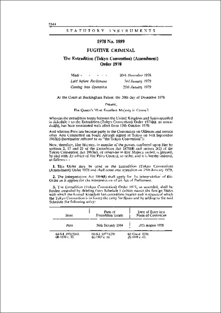 The Extradition (Tokyo Convention) (Amendment) Order 1978