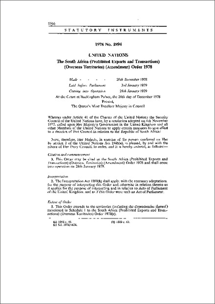 The South Africa (Prohibited Exports and Transactions) (Overseas Territories) (Amendment) Order 1978