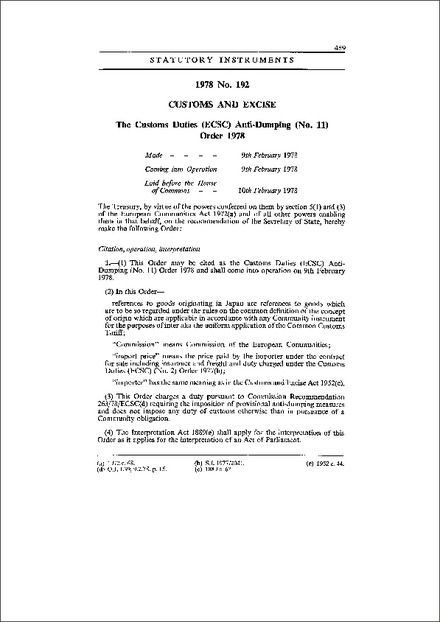The Customs Duties (ECSC) Anti-Dumping (No. 11) Order 1978