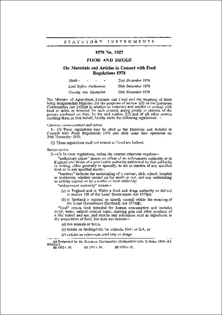 The Materials and Articles in Contact with Food Regulations 1978