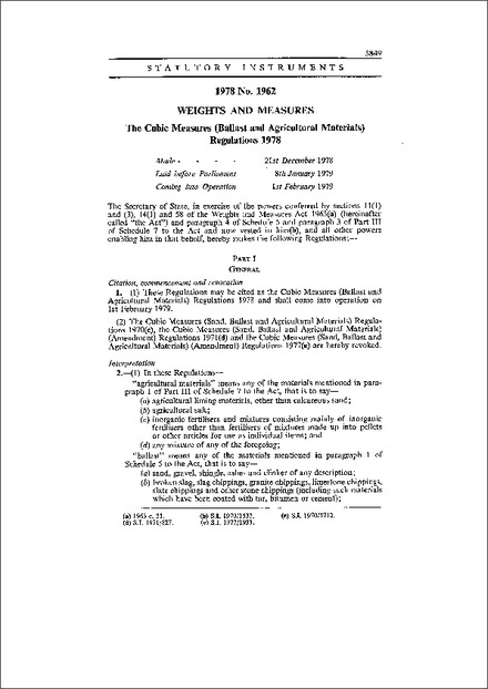 The Cubic Measures (Ballast and Agricultural Materials) Regulations 1978