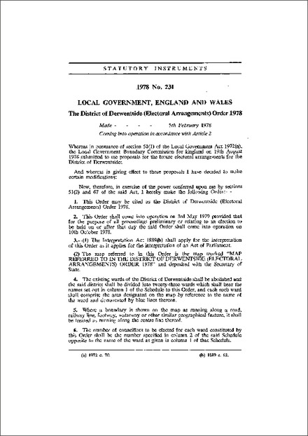 The District of Derwentside (Electoral Arrangements) Order 1978