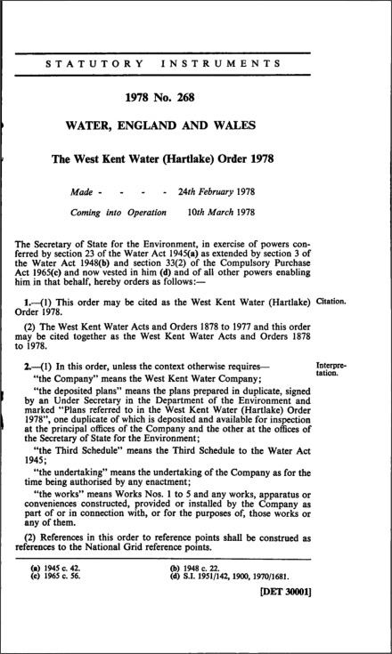 The West Kent Water (Hartlake) Order 1978