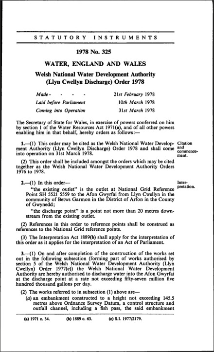 Welsh National Water Development Authority (Llyn Cwellyn Discharge) Order 1978