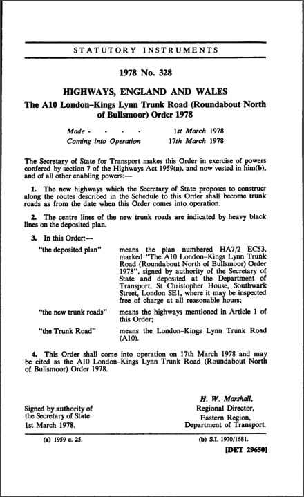 The A10 London-Kings Lynn Trunk Road (Roundabout North of Bullsmoor) Order 1978