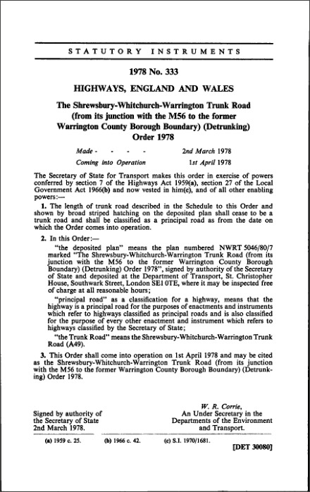 The Shrewsbury-Whitchurch-Warrington Trunk Road (from its junction with the M56 to the former Warrington County Borough Boundary) (Detrunking) Order 1978