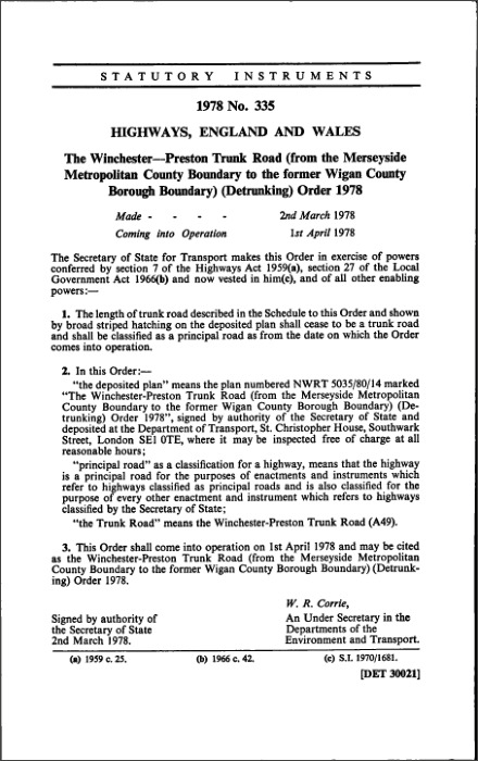 The Winchester—Preston Trunk Road (from the Merseyside Metropolitan County Boundary to the former Wigan County Borough Boundary) (Detrunking) Order 1978
