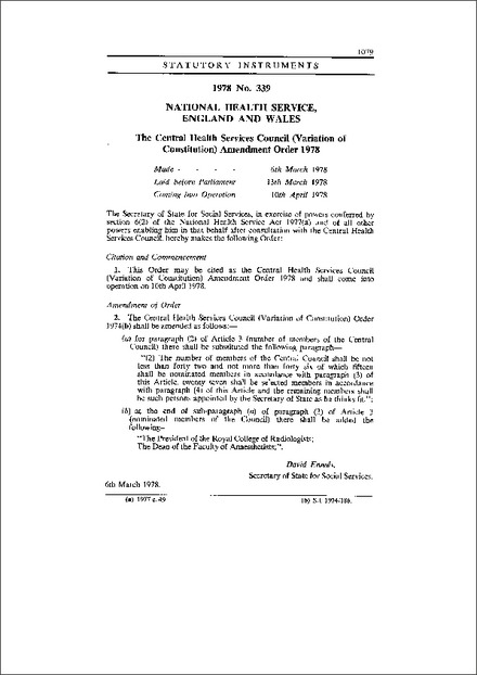 The Central Health Services Council (Variation of Constitution) Amendment Order 1978