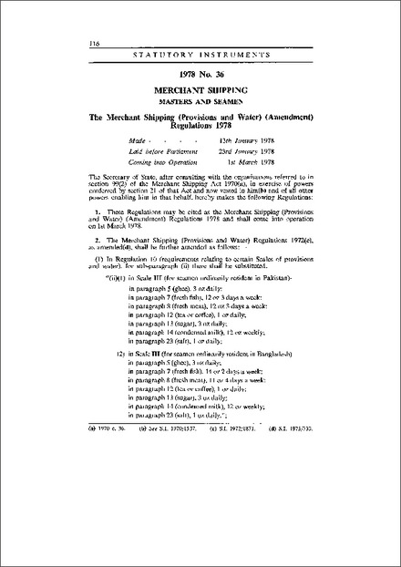 The Merchant Shipping (Provisions and Water) (Amendment) Regulations 1978