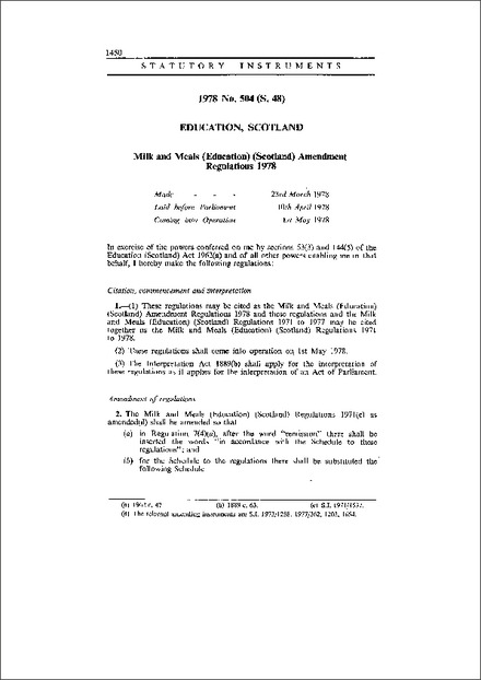 Milk and Meals (Education) (Scotland) Amendment Regulations 1978