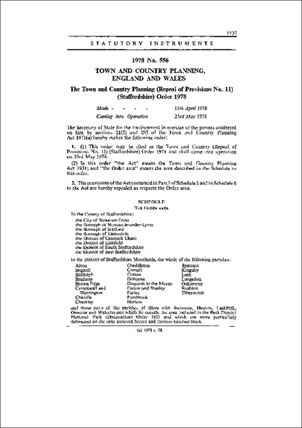 The Town and Country Planning (Repeal of Provisions No. 11) (Staffordshire) Order 1978