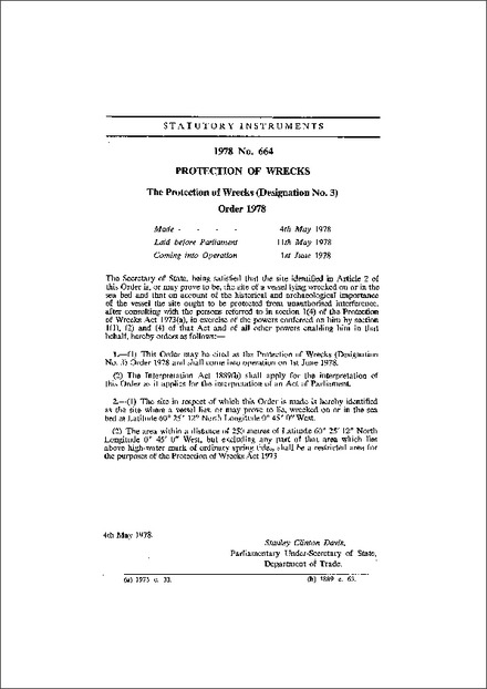 The Protection of Wrecks (Designation No. 3) Order 1978