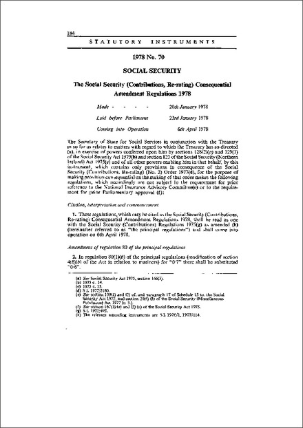 The Social Security (Contributions, Re-rating) Consequential Amendment Regulations 1978