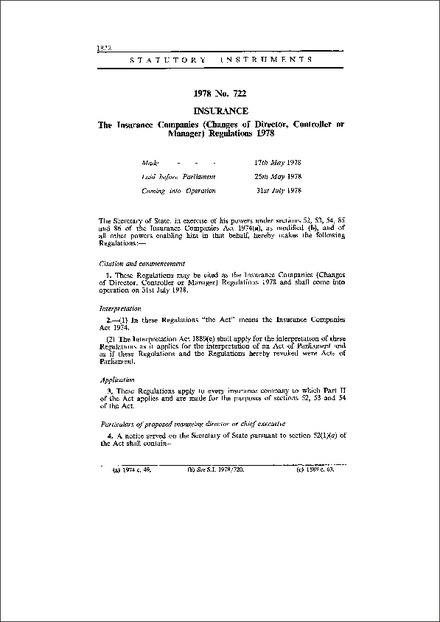 The Insurance Companies (Changes of Director, Controller or Manager) Regulations 1978