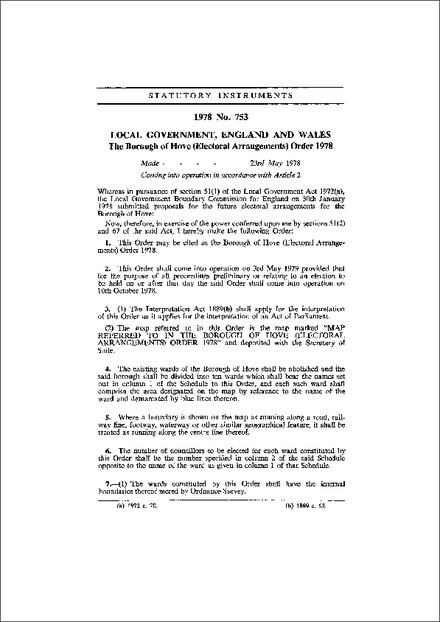 The Borough of Hove (Electoral Arrangements) Order 1978
