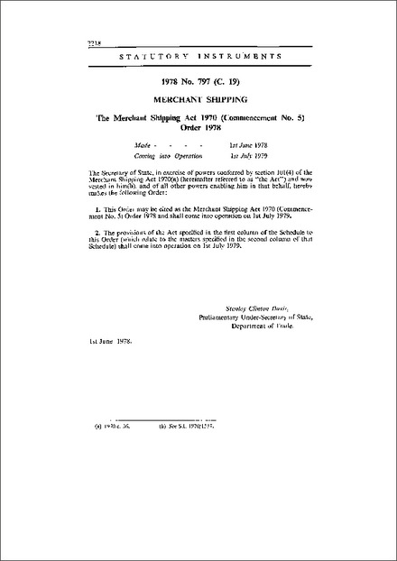 The Merchant Shipping Act 1970 (Commencement No. 5) Order 1978