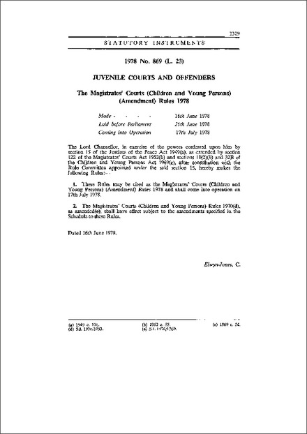 The Magistrates' Courts (Children and Young Persons) (Amendment) Rules 1978