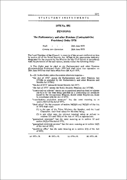 The Parliamentary and other Pensions (Contracted-Out Provisions) Order 1978