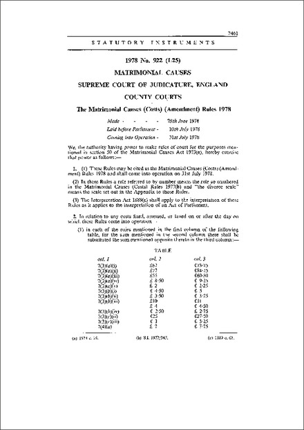 The Matrimonial Causes (Costs) (Amendment) Rules 1978