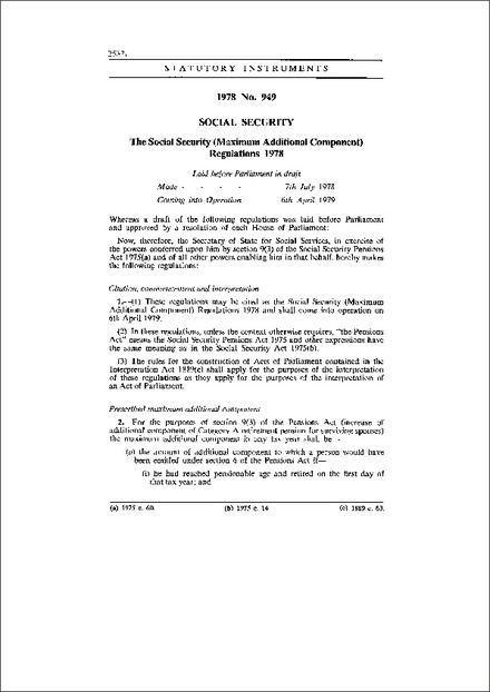The Social Security (Maximum Additional Component) Regulations 1978