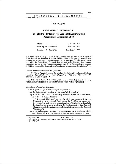 The Industrial Tribunals (Labour Relations) (Scotland) (Amendment) Regulations 1978