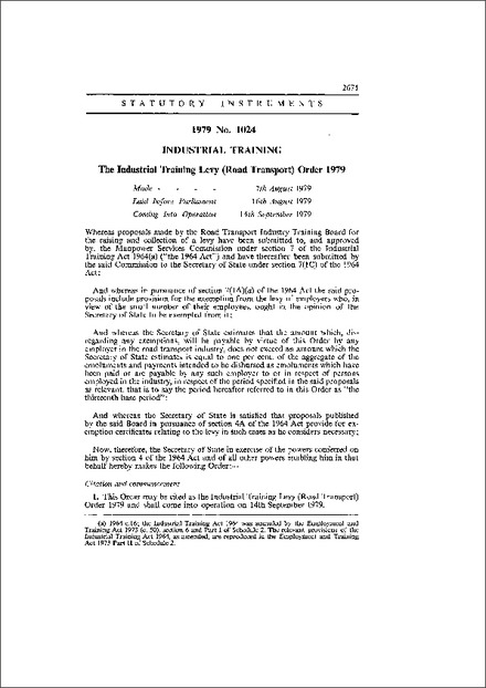 The Industrial Training Levy (Road Transport) Order 1979