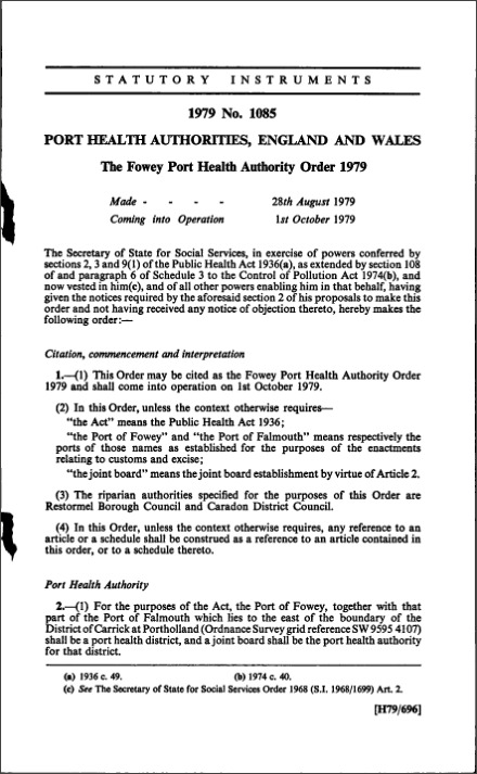 The Fowey Port Health Authority Order 1979