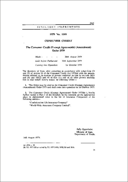 The Consumer Credit (Exempt Agreements) (Amendment) Order 1979