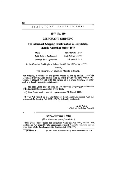 The Merchant Shipping (Confirmation of Legislation) (South Australia) Order 1979