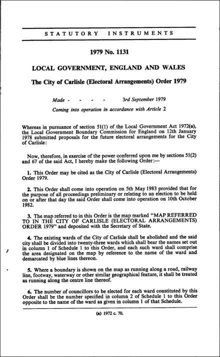 The City of Carlisle (Electoral Arrangements) Order 1979