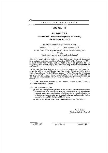 The Double Taxation Relief (Taxes on Income) (Norway) Order 1979