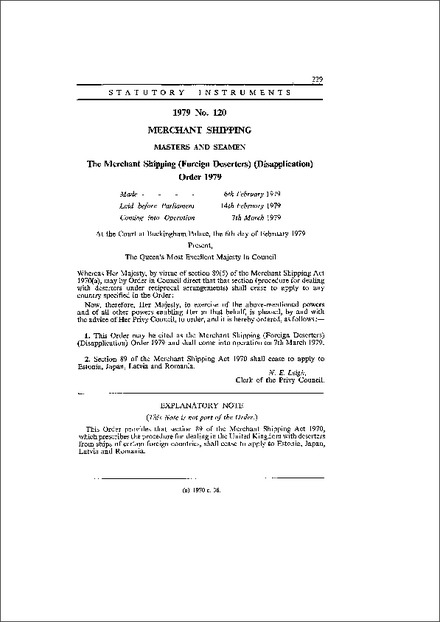 The Merchant Shipping (Foreign Deserters) (Disapplication) Order 1979
