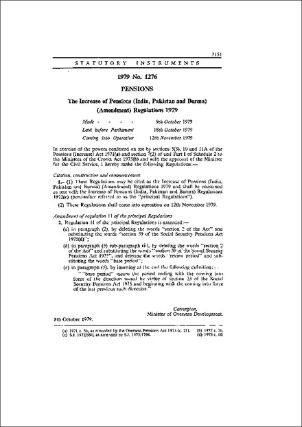 The Increase of Pensions (India, Pakistan and Burma) (Amendment) Regulations 1979