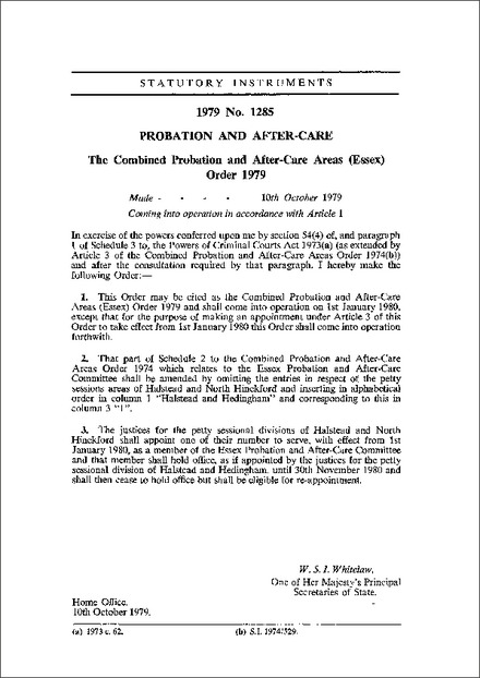 The Combined Probation and After-Care Areas (Essex) Order 1979