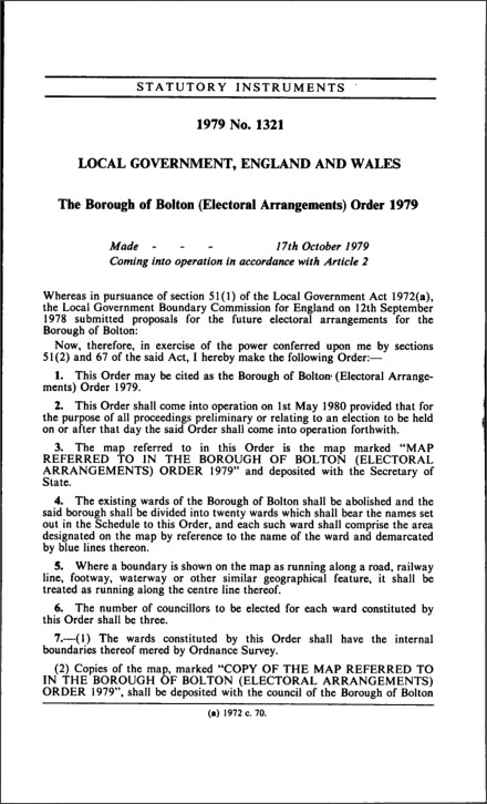 The Borough of Bolton (Electoral Arrangements) Order 1979