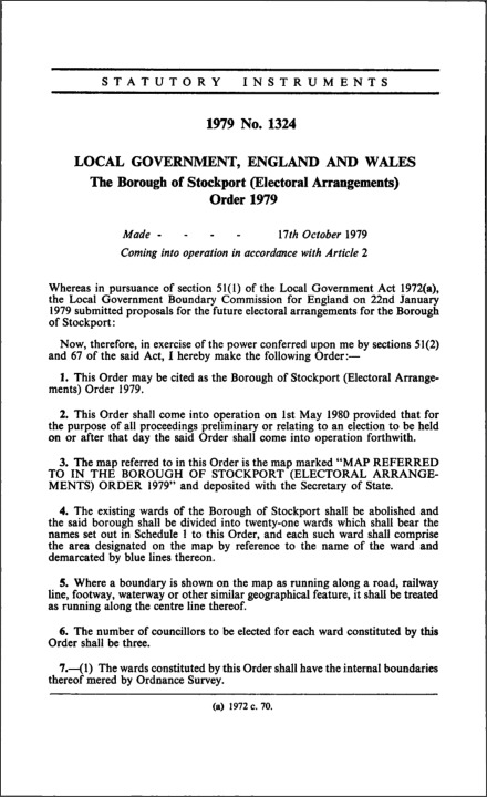The Borough of Stockport (Electoral Arrangements) Order 1979