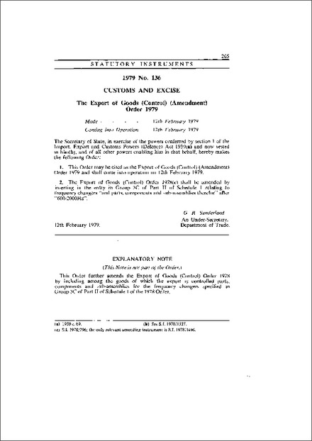 The Export of Goods (Control) (Amendment) Order 1979