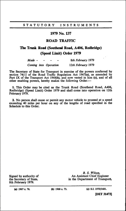 The Trunk Road (Southend Road, A406, Redbridge) (Speed Limit) Order 1979