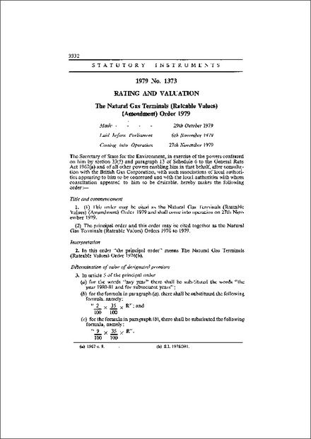 The Natural Gas Terminals (Rateable Values) (Amendment) Order 1979