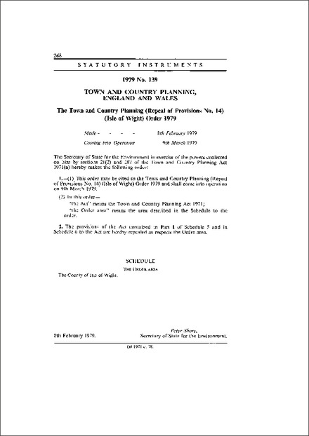 The Town and Country Planning (Repeal of Provisions No. 14) (Isle of Wight) Order 1979